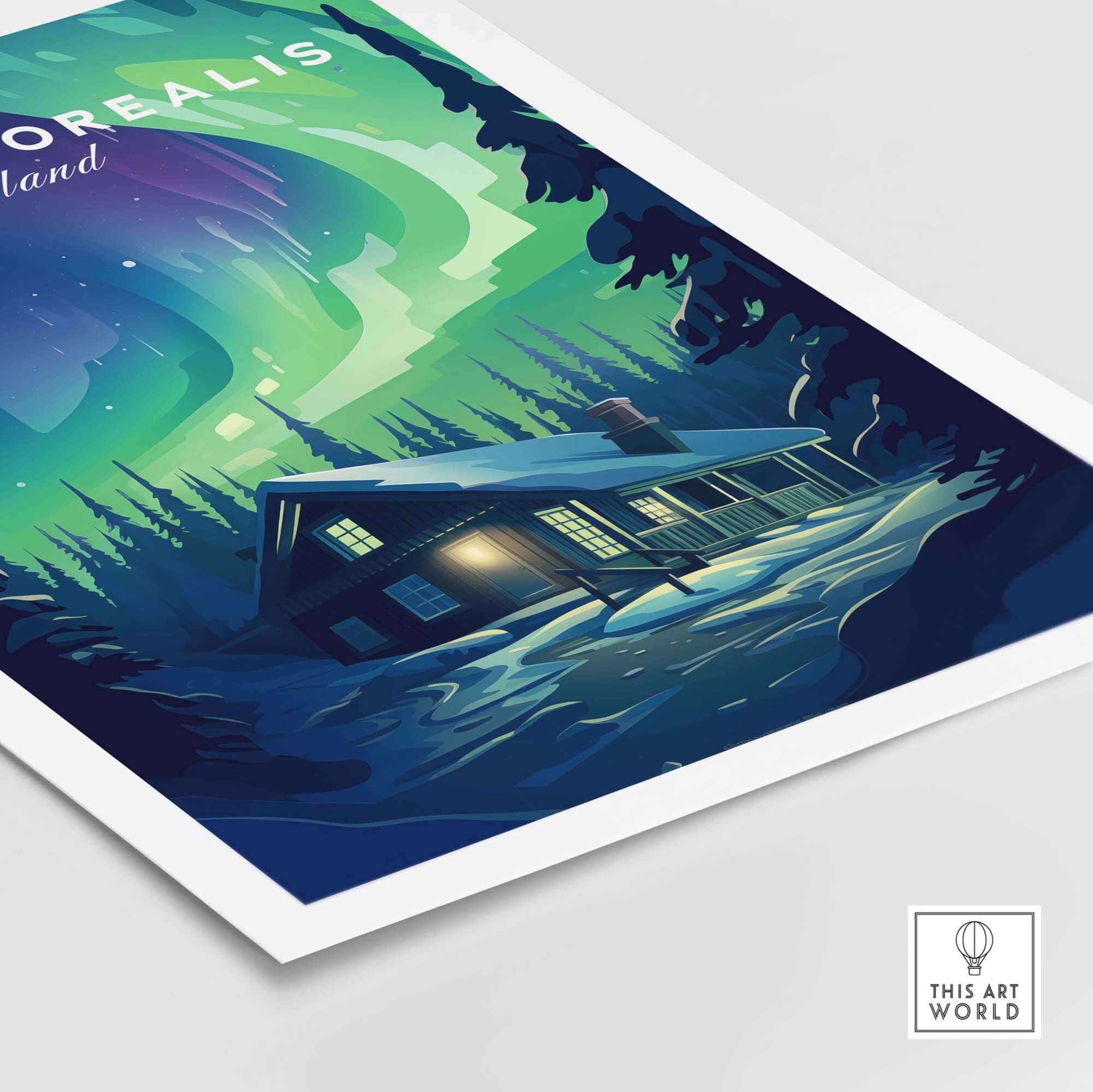 Northern Lights Print featuring a cozy cabin under the vibrant Aurora Borealis in a snowy landscape.