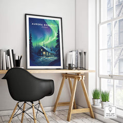 Northern Lights Print showcasing Aurora Borealis in a cozy setting with a desk and chair.