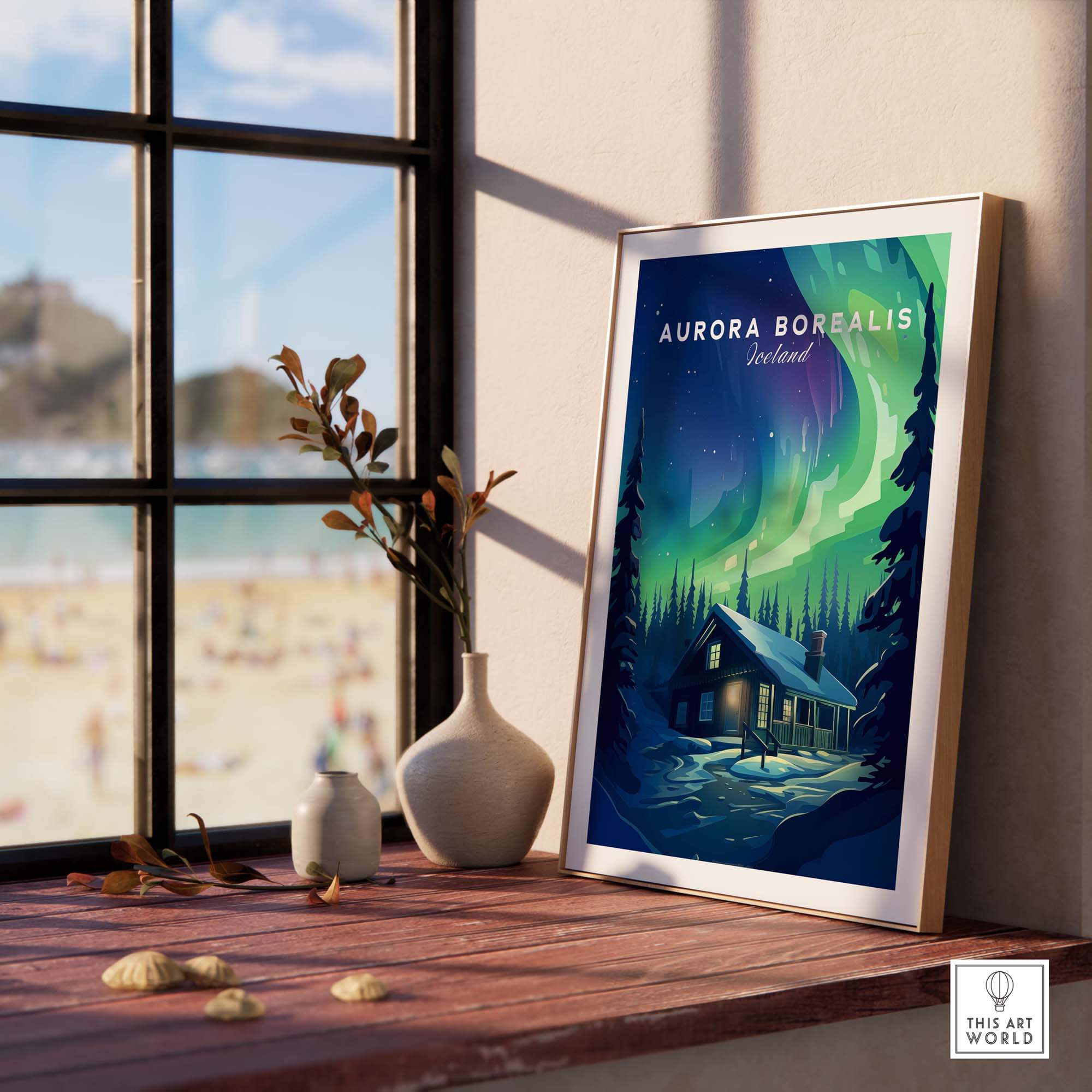 Northern Lights Print featuring the magical Aurora Borealis in a framed art display.