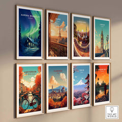 Northern Lights Print featuring stunning Aurora Borealis artwork alongside famous city prints in a vibrant gallery wall design.