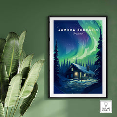 Northern Lights Print featuring a cabin and the Aurora Borealis in a vibrant, nature-inspired design.