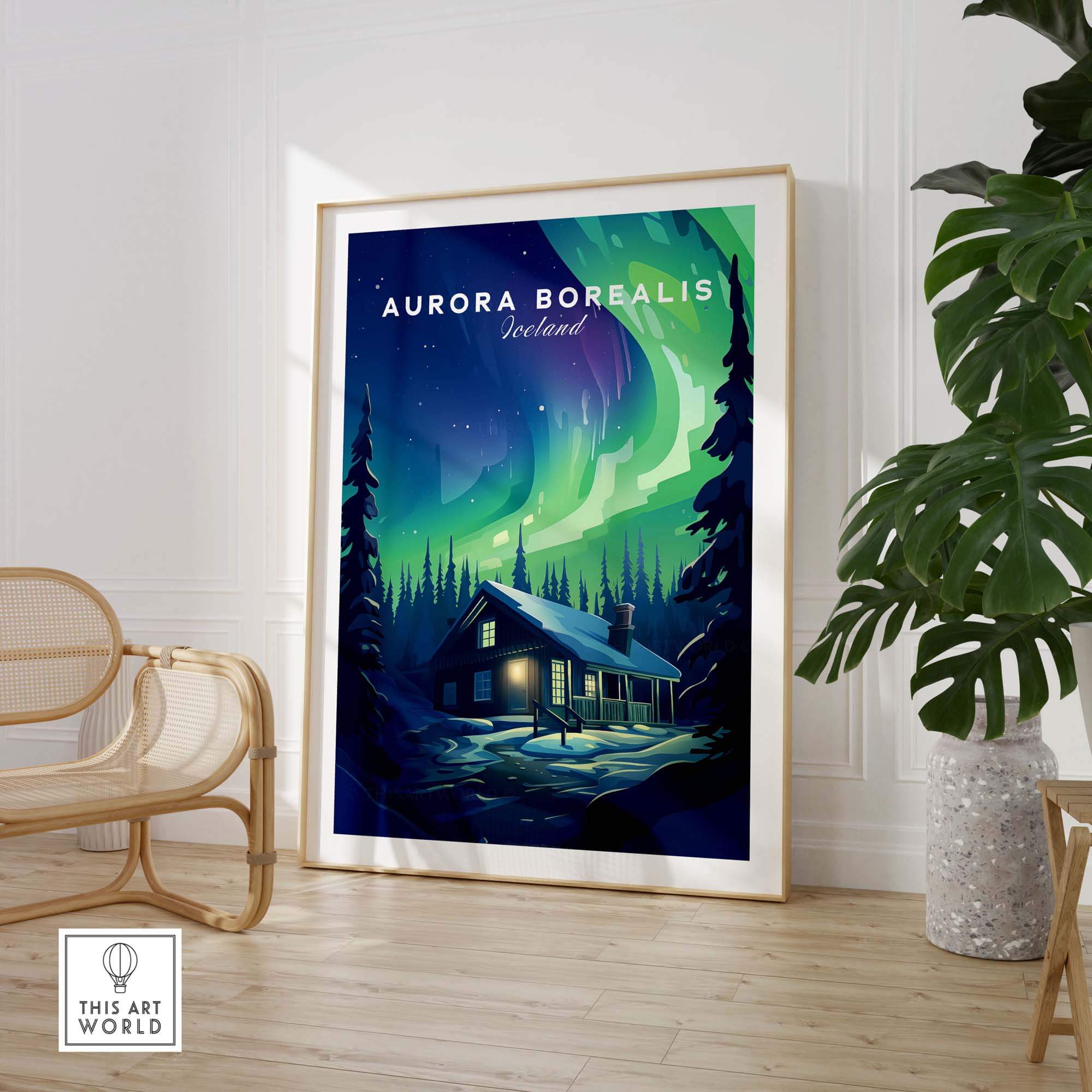 Northern Lights Print featuring the Aurora Borealis over a cozy cabin in Iceland, ideal for nature lovers.
