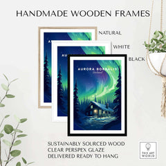 Handmade wooden frames for Northern Lights Print in natural, white, and black finishes.