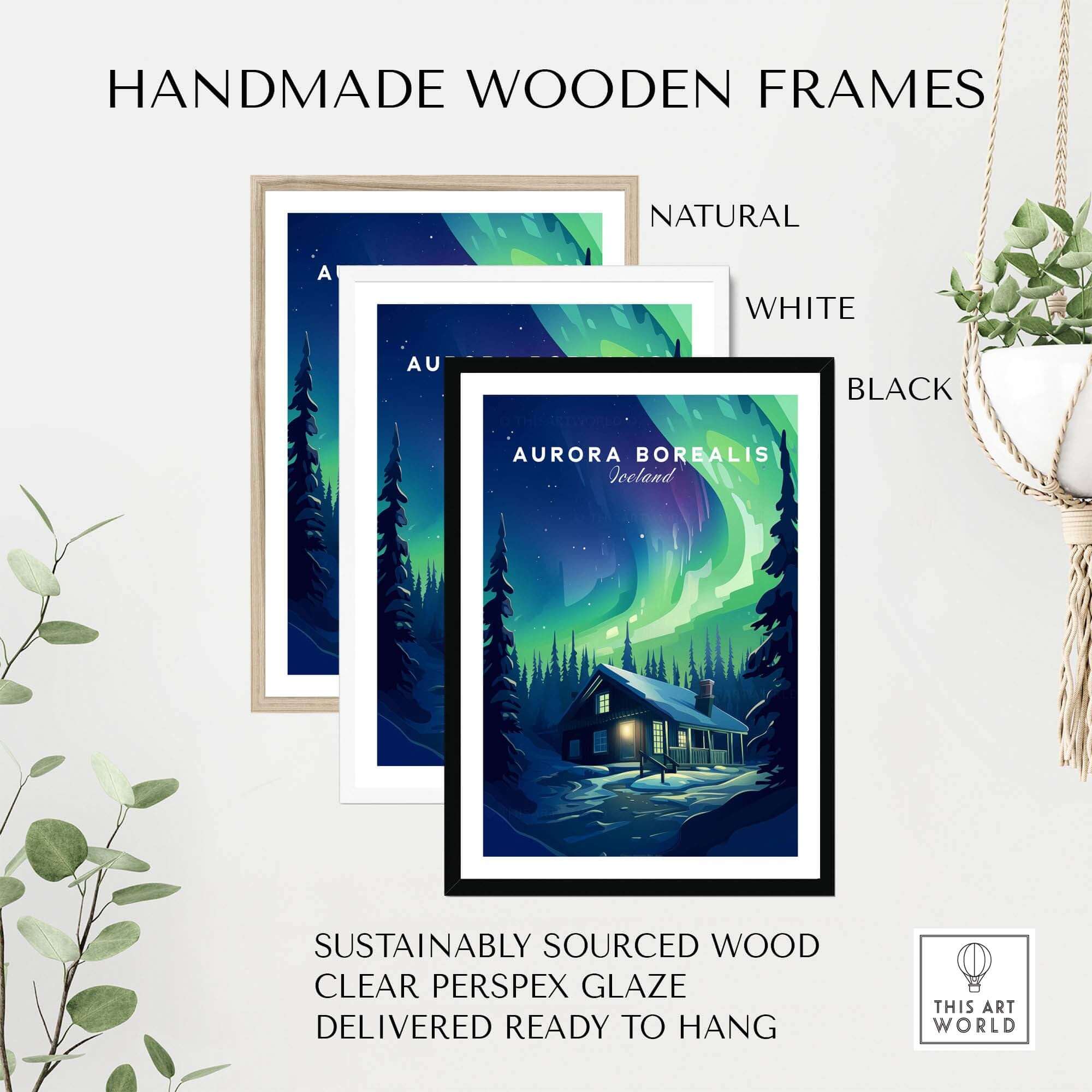 Handmade wooden frames for Northern Lights Print in natural, white, and black finishes.