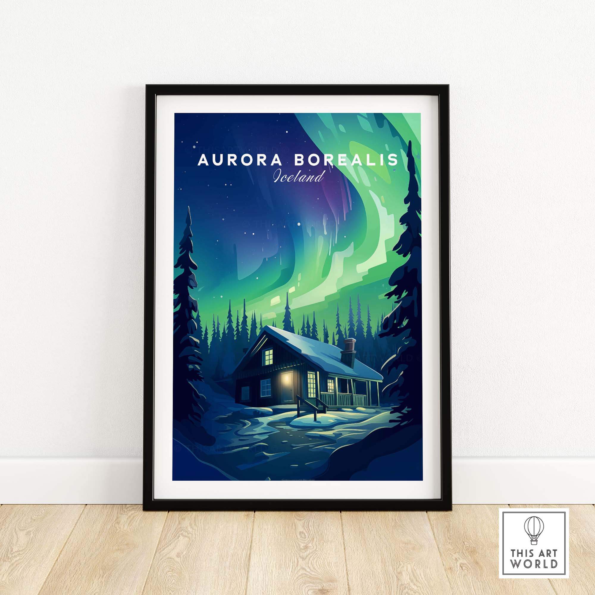 Northern Lights Print showcasing a picturesque cabin under the vibrant Aurora Borealis in Iceland.