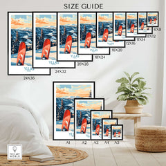Size guide for Norway ski print wall art featuring various dimensions and placement in a cozy living space.