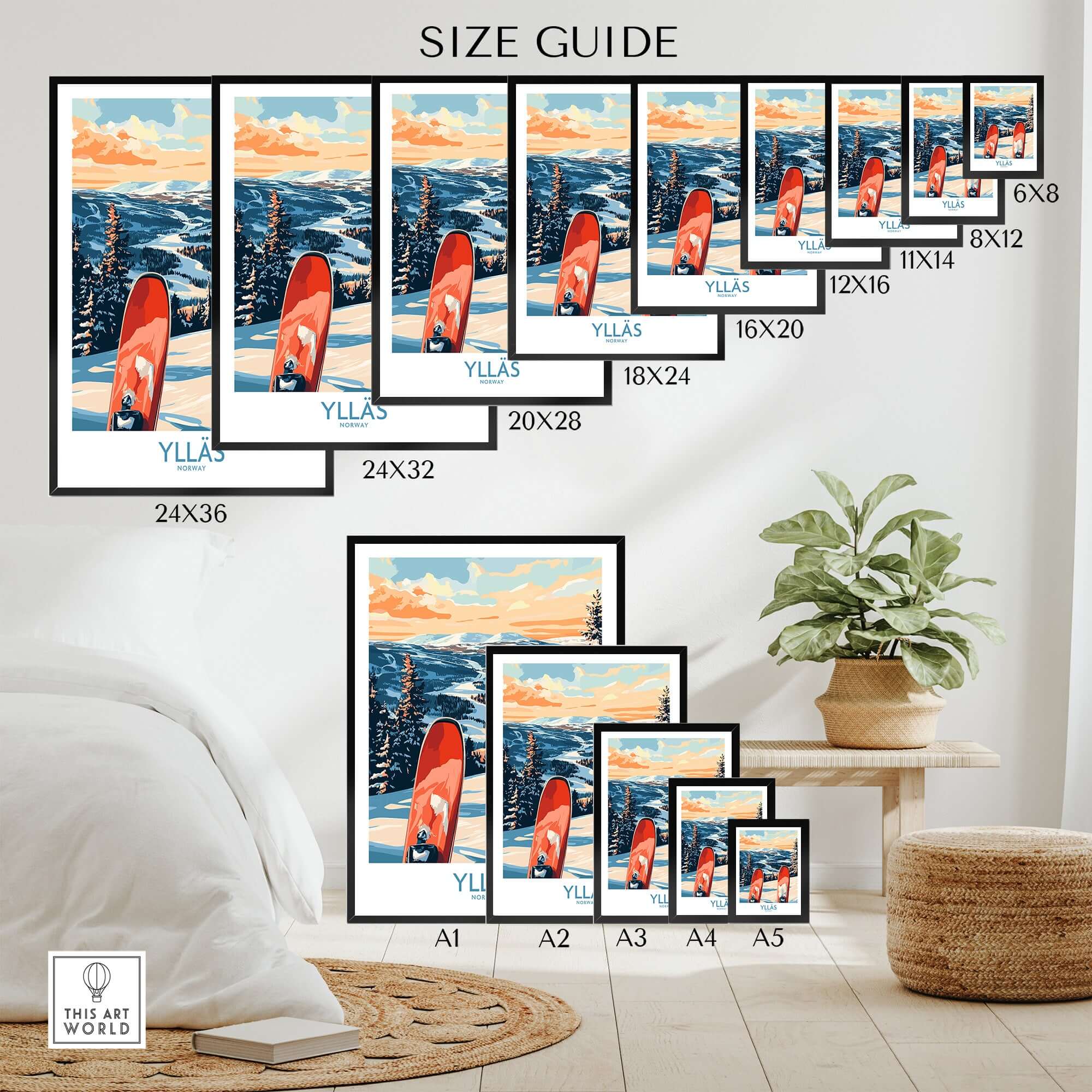 Size guide for Norway ski print wall art featuring various dimensions and placement in a cozy living space.