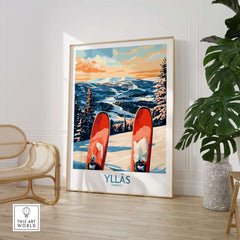 Norway ski print featuring vibrant Ylläs winter scene with skis and stunning mountainous backdrop.