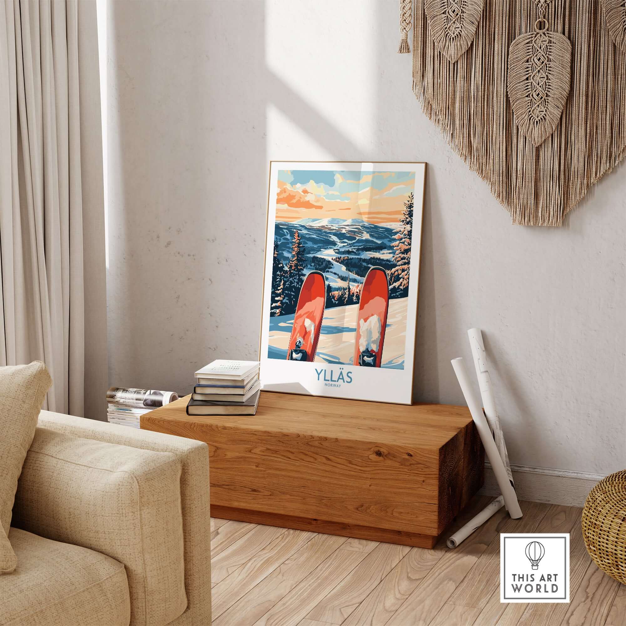 Norway ski print featuring Ylläs winter scene in a cozy living room setting with warm decor.