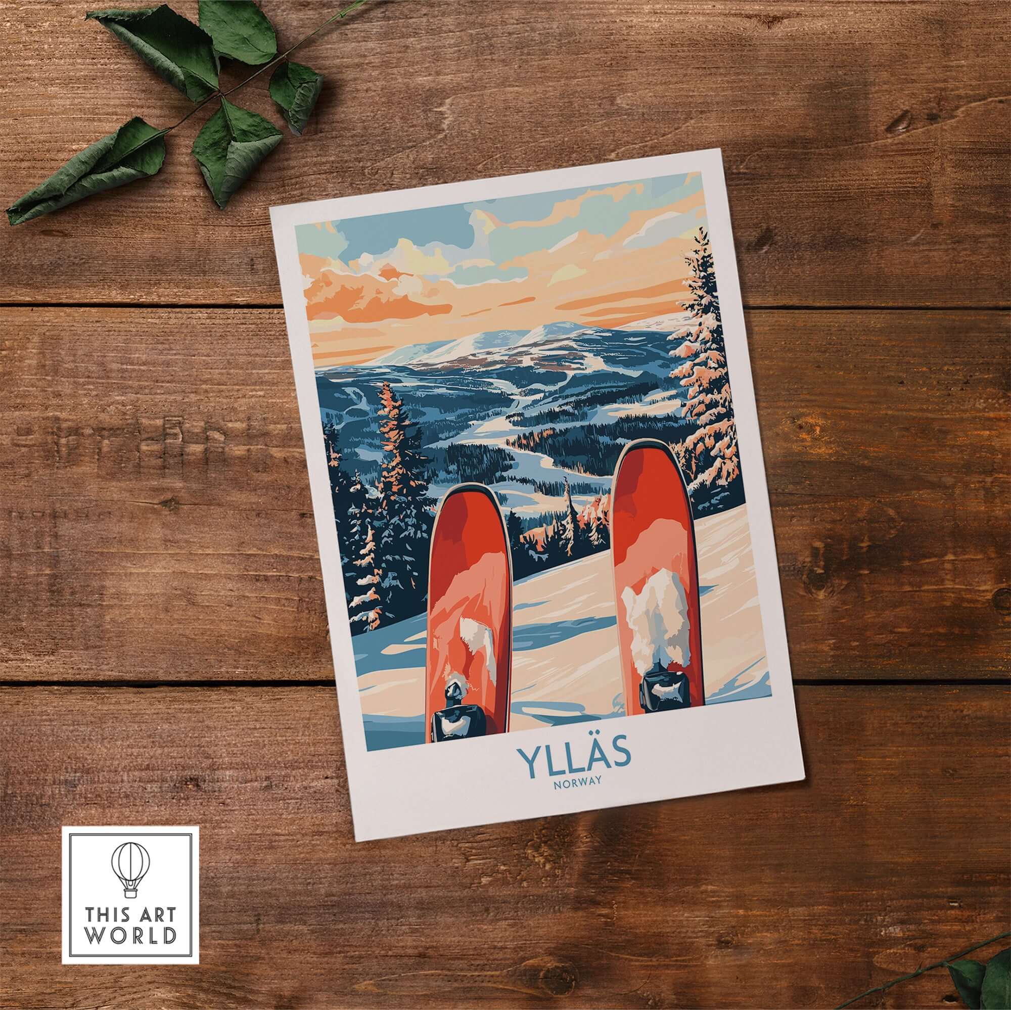 Ylläs ski print featuring vibrant colors and snowy slopes, ideal for winter sports enthusiasts and art lovers.