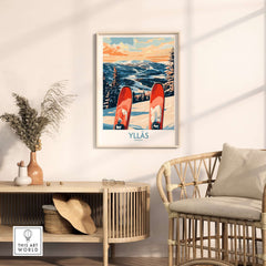 Ylläs winter scene wall art featuring skis on snow with a scenic view, perfect for ski and winter sport enthusiasts.