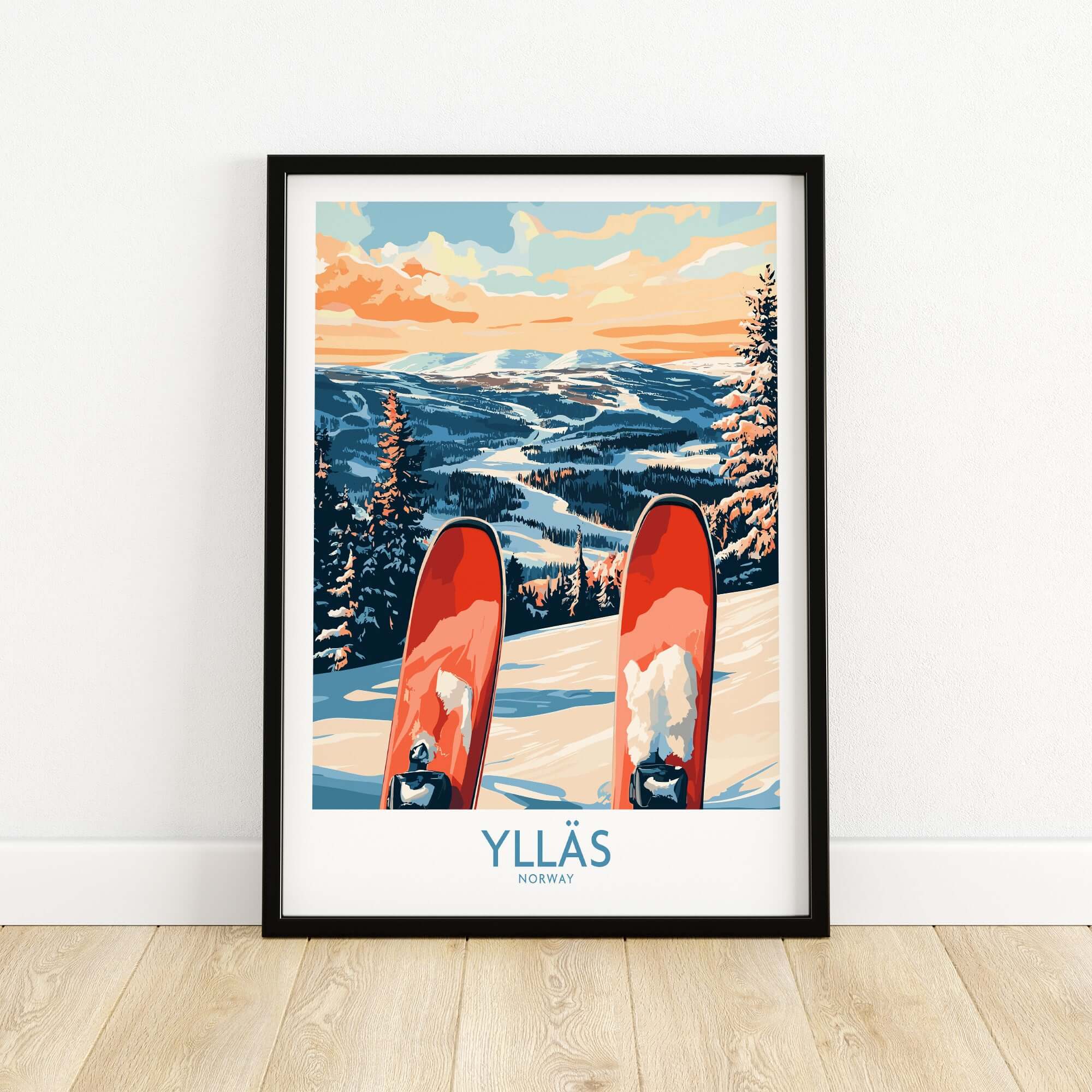 Norway ski print featuring Ylläs winter scene with skis, snow, and stunning mountain backdrop.