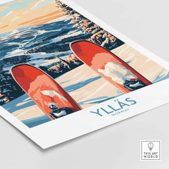 Ylläs Norway ski print featuring vibrant mountains and skis on snow, perfect winter scene wall art.