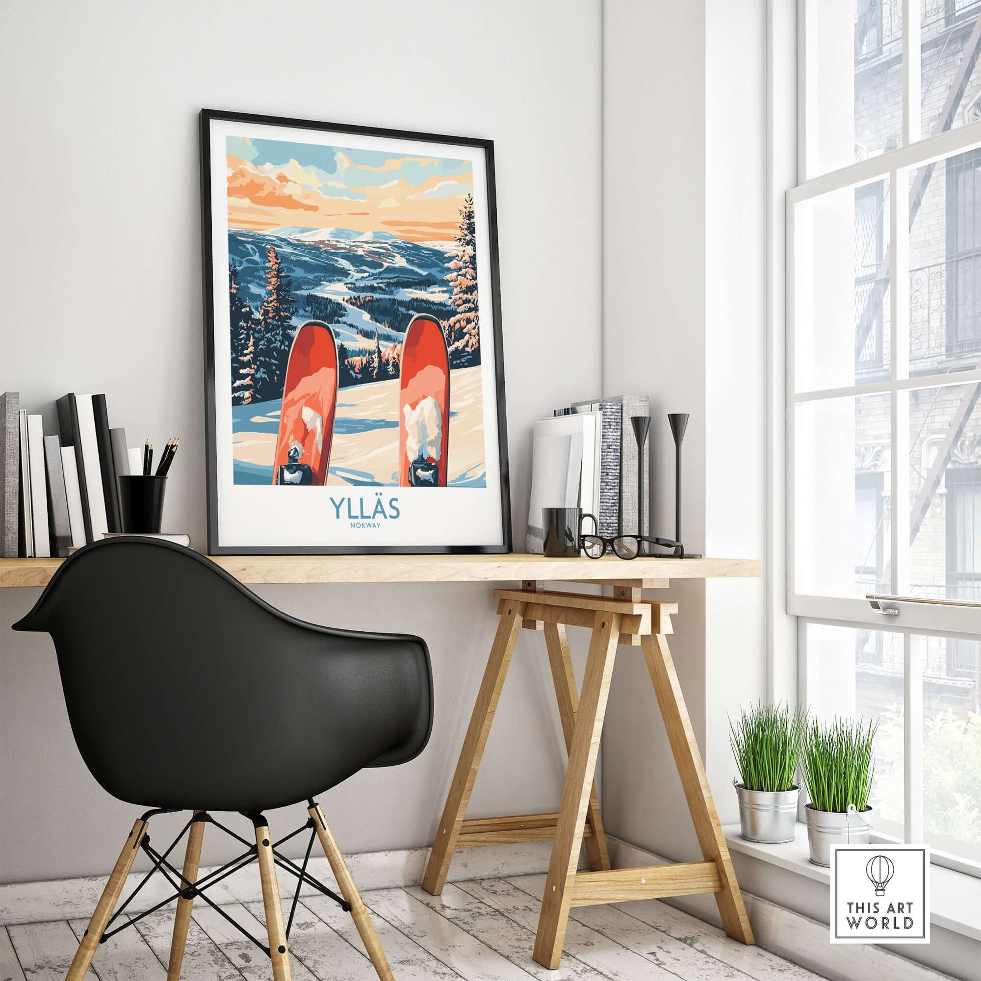 Norway ski print featuring skis on snow in Ylläs winter scene, showcasing a winter landscape in a modern interior.