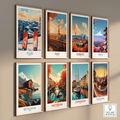 Collection of vintage travel posters featuring Ylläs, Paris, Florence, Tokyo, Reykjavik, Amsterdam, Copenhagen, and Barcelona.