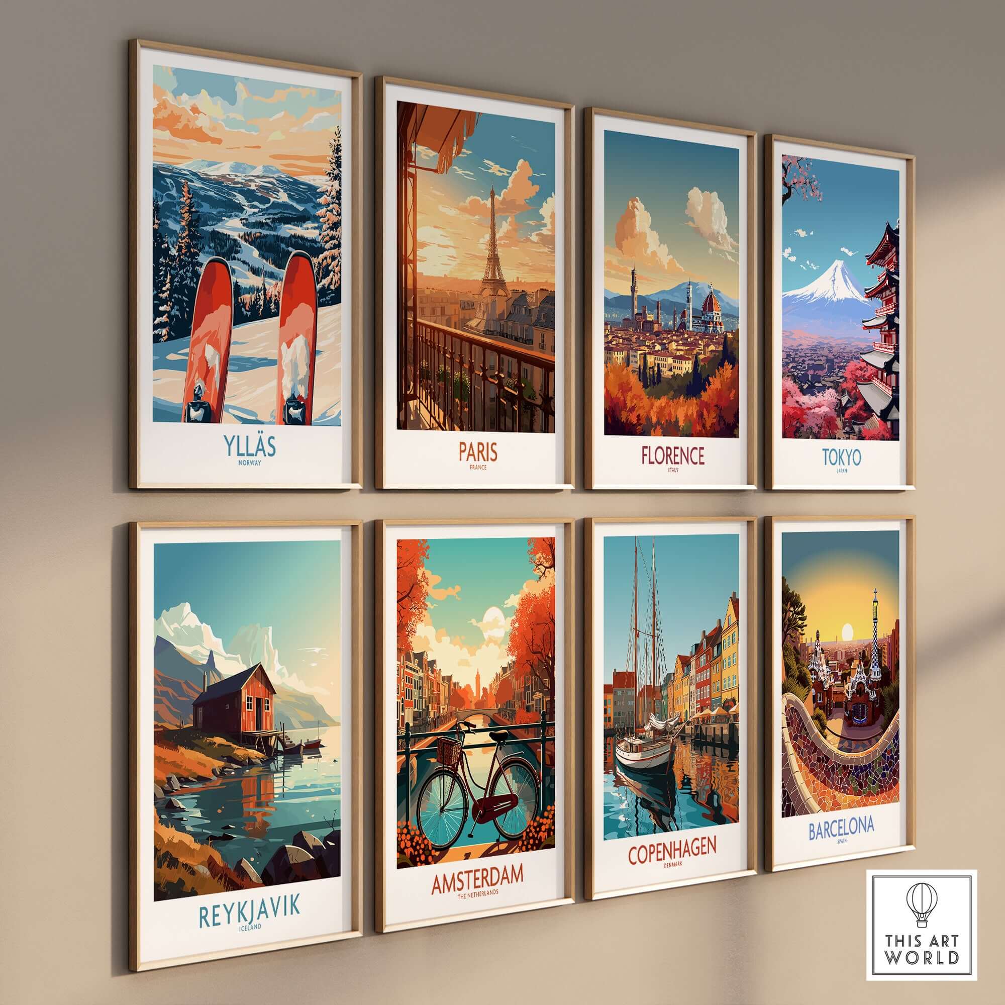 Collection of vintage travel posters featuring Ylläs, Paris, Florence, Tokyo, Reykjavik, Amsterdam, Copenhagen, and Barcelona.