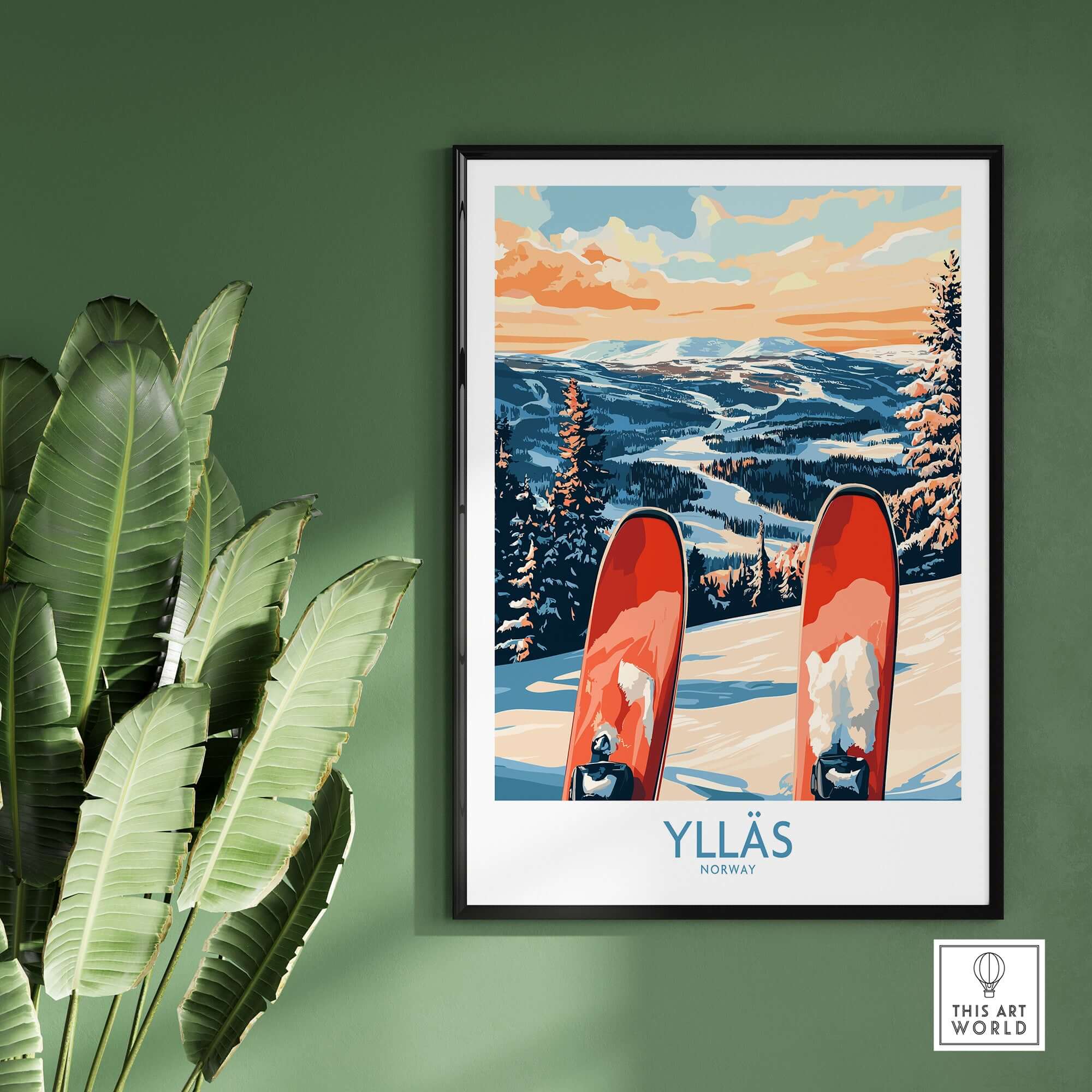 Ylläs Norway ski print showcasing skis on snow amidst a beautiful winter landscape with colorful sunset.