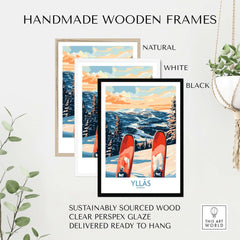 Handmade wooden frames for Ylläs winter scene print in natural, white, and black finishes, showcasing winter landscape.