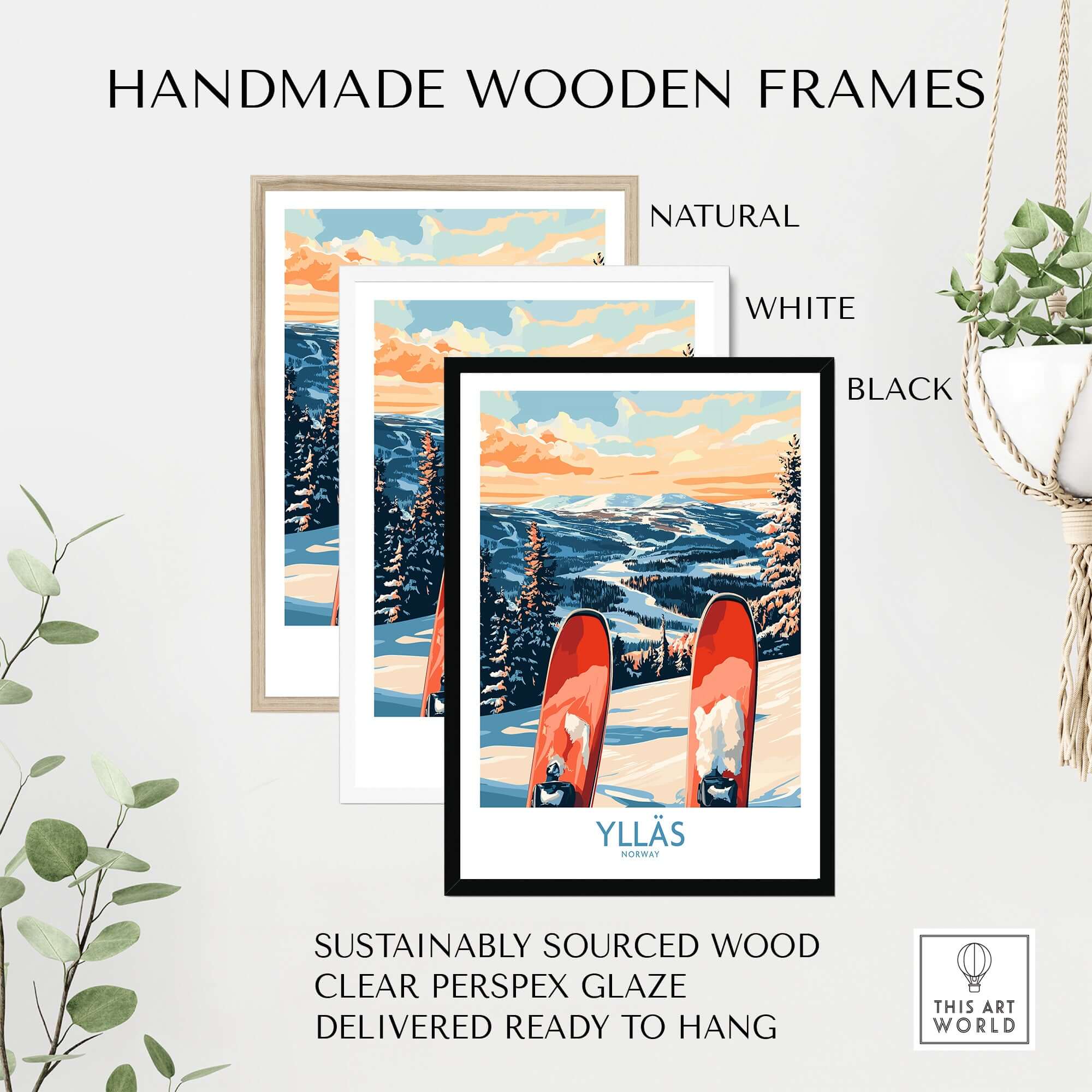 Handmade wooden frames for Ylläs winter scene print in natural, white, and black finishes, showcasing winter landscape.