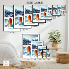 Size guide for Myrkdalen ski scene posters, featuring various prints displayed in a cozy room setting.