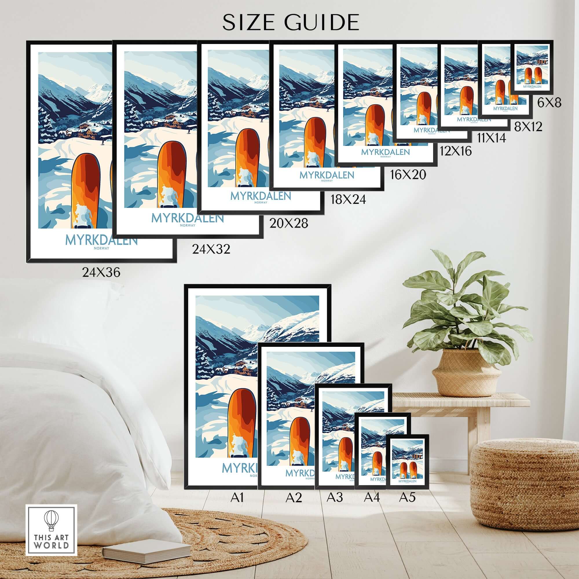 Size guide for Myrkdalen ski scene posters, featuring various prints displayed in a cozy room setting.