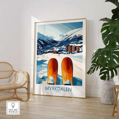 Myrkdalen ski poster featuring snow-covered mountains and ski gear, perfect for Scandinavian decor lovers.