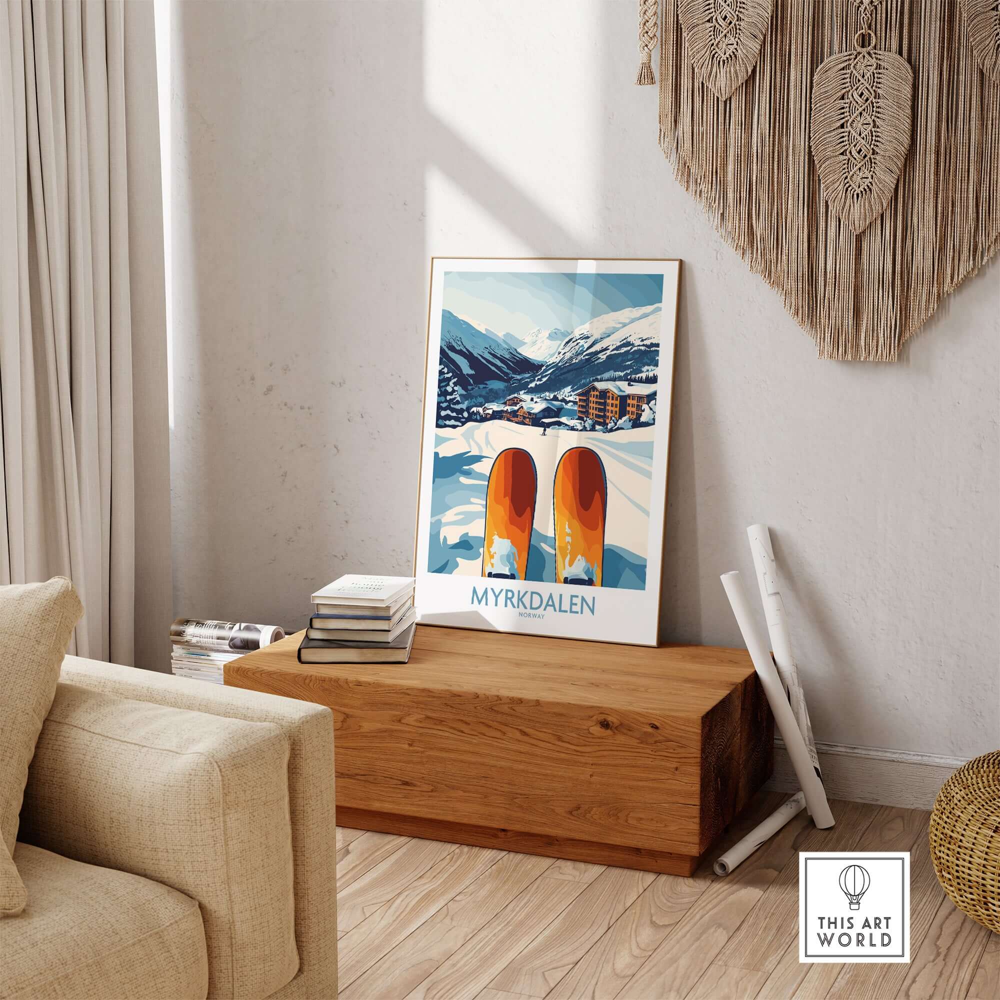 Myrkdalen Mountain ski poster displayed in a cozy living room, showcasing Nordic decor and winter scenery.