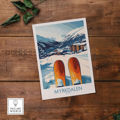 Myrkdalen ski poster showcasing snow-covered mountains and cozy village, perfect for Scandinavian decor lovers.
