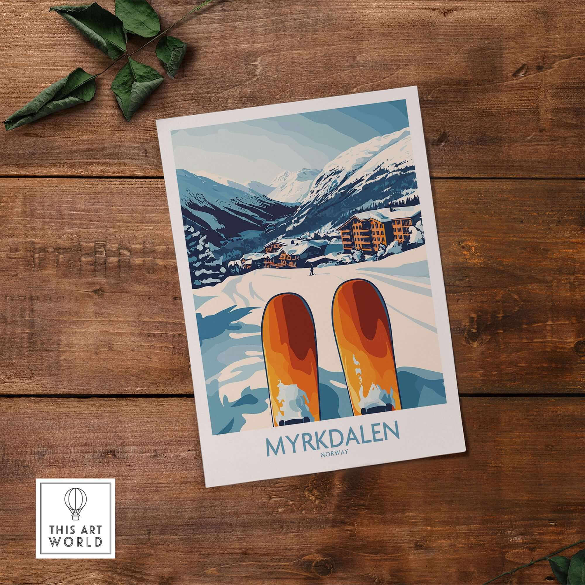 Myrkdalen ski poster showcasing snow-covered mountains and cozy village, perfect for Scandinavian decor lovers.