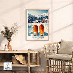 Myrkdalen Mountain poster featuring ski scene and cozy decor, perfect for Scandinavian home styling.