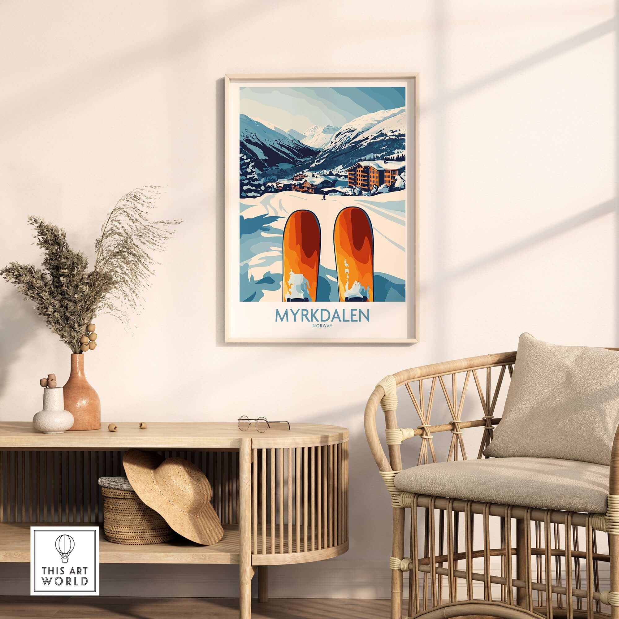 Myrkdalen Mountain poster featuring ski scene and cozy decor, perfect for Scandinavian home styling.