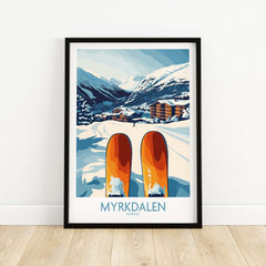 Myrkdalen ski scene poster showcasing snow-covered mountains, cozy village, and bright orange skis in Norway.