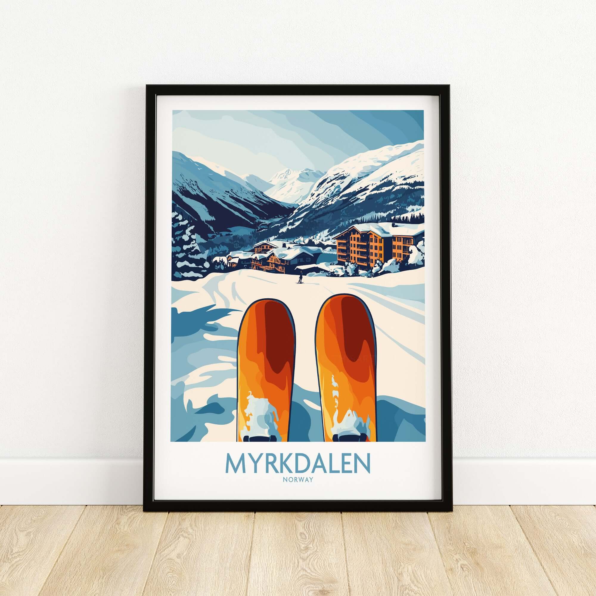 Myrkdalen ski scene poster showcasing snow-covered mountains, cozy village, and bright orange skis in Norway.