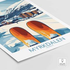 Myrkdalen Mountain poster featuring colorful skis and a scenic snowy landscape in Norway, perfect for Scandinavian decor.