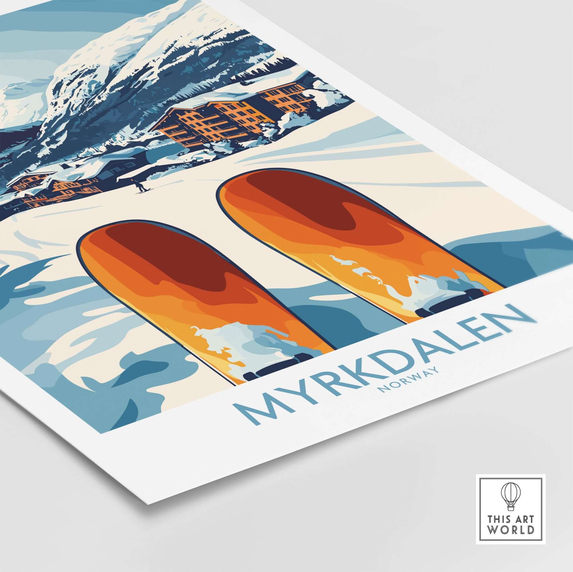 Myrkdalen Mountain poster featuring colorful skis and a scenic snowy landscape in Norway, perfect for Scandinavian decor.