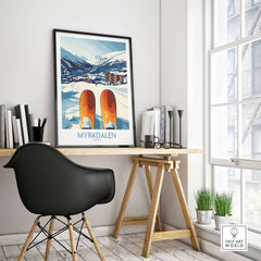 Myrkdalen Mountain ski poster in modern decor setting, showcasing Scandinavian design and winter charm.