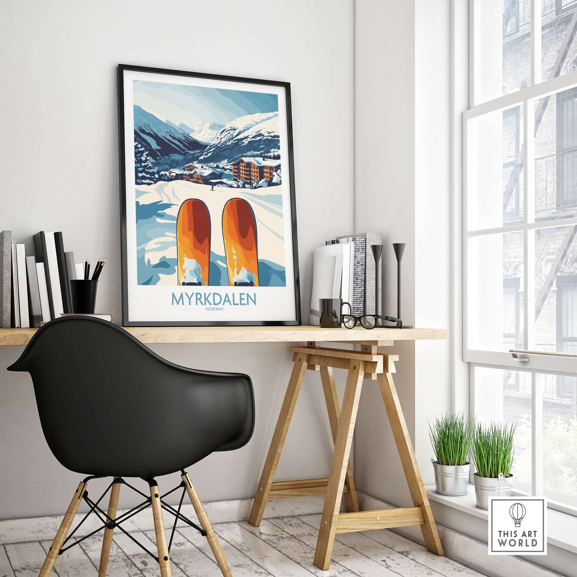 Myrkdalen Mountain ski poster in modern decor setting, showcasing Scandinavian design and winter charm.