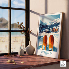 Myrkdalen mountain ski poster featuring snow-covered peaks and rustic village, perfect for Scandinavian decor.