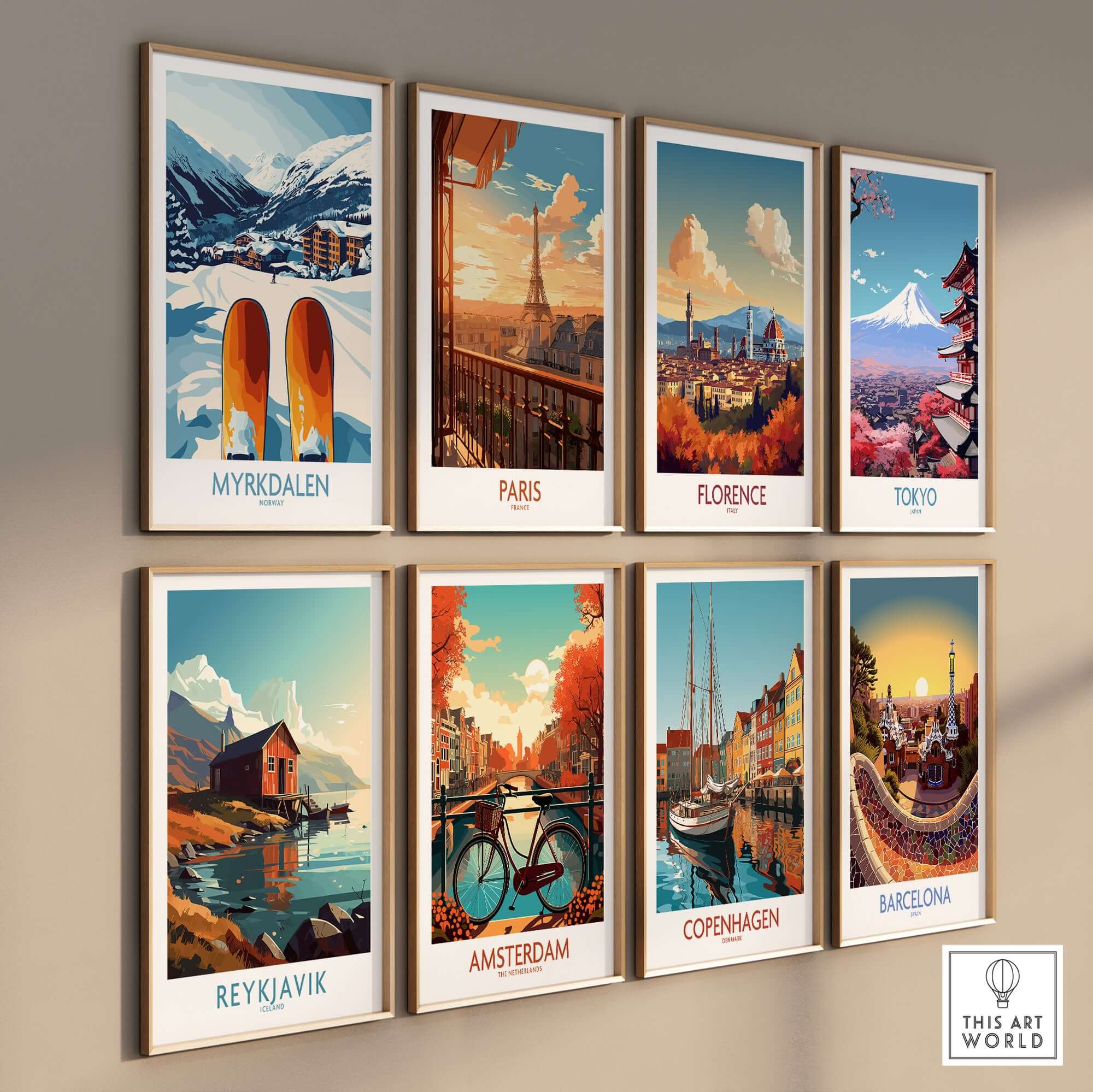 Myrkdalen ski scene and city posters from Paris, Florence, Tokyo, Reykjavik, Amsterdam, Copenhagen, and Barcelona