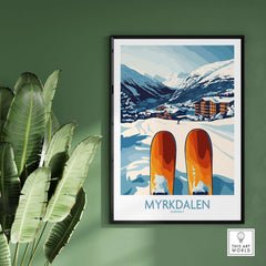 Myrkdalen Mountain ski poster featuring snowy peaks and village, Scandinavian decor for ski lovers.