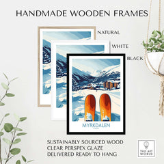 Handmade wooden frames in natural, white, and black for Myrkdalen ski scene art, featuring sustainable wood and clear glaze.