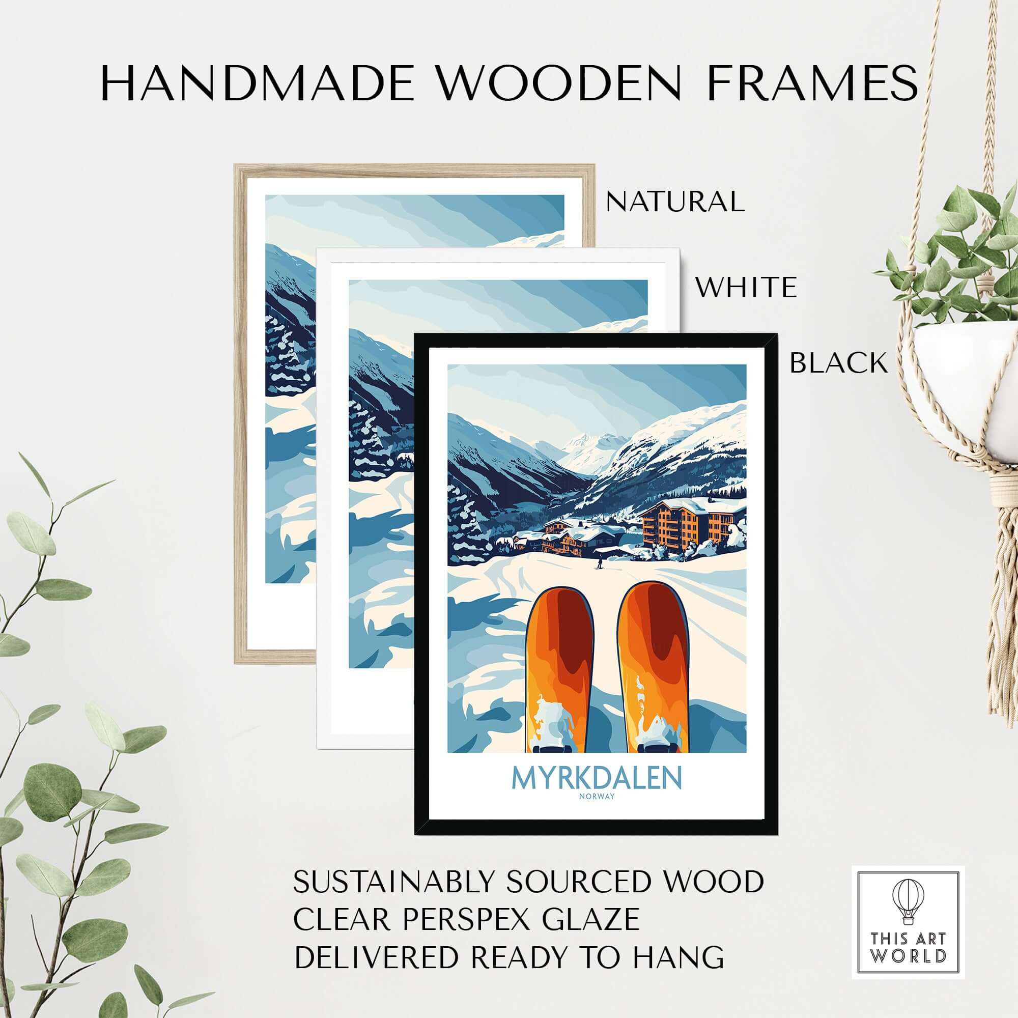 Handmade wooden frames in natural, white, and black for Myrkdalen ski scene art, featuring sustainable wood and clear glaze.