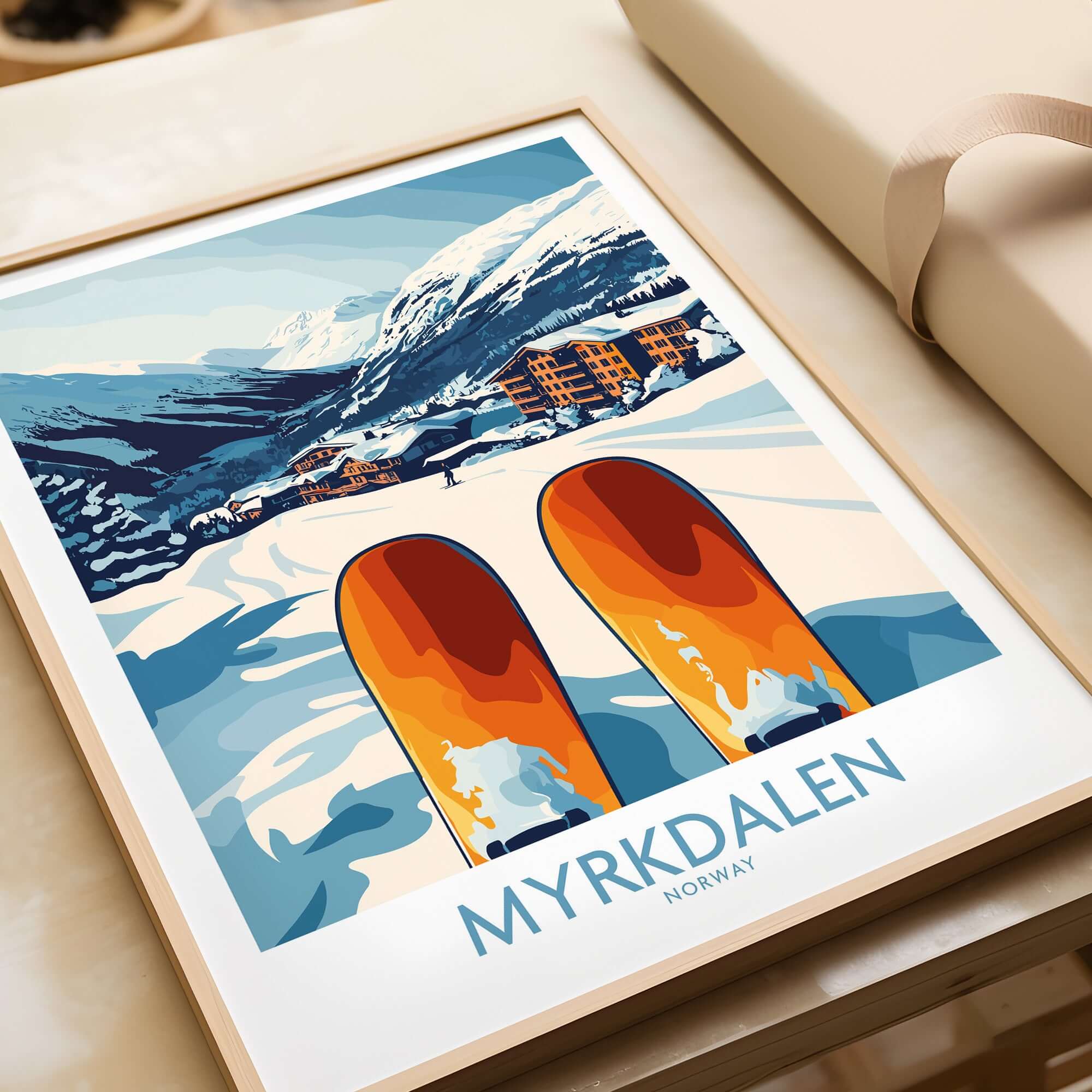 Myrkdalen ski scene poster featuring skis, snowy mountains, and a village, perfect for Scandinavian decor.