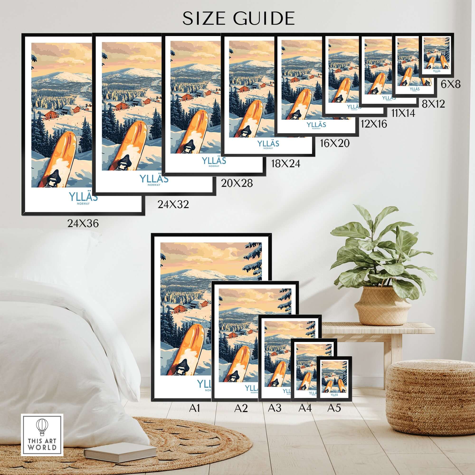 Size guide for Ylläs skiing wall art prints in various dimensions printed on a stylish wall.