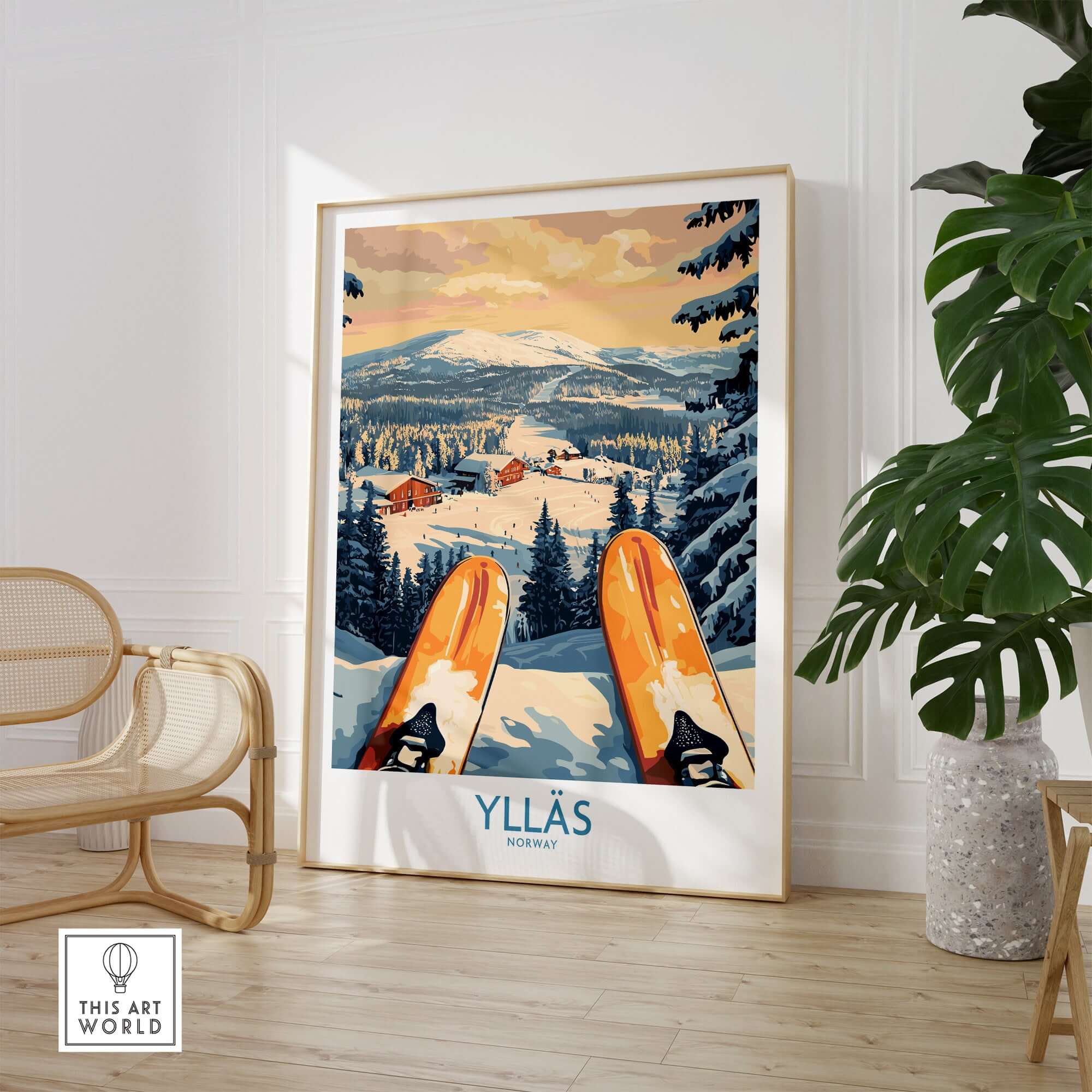 Norway skiing wall art featuring Ylläs snowy cabin and vibrant orange skis in a cozy living space.