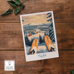 Norway skiing wall art featuring Ylläs snowy cabin with skis in the foreground, ideal for winter decor.