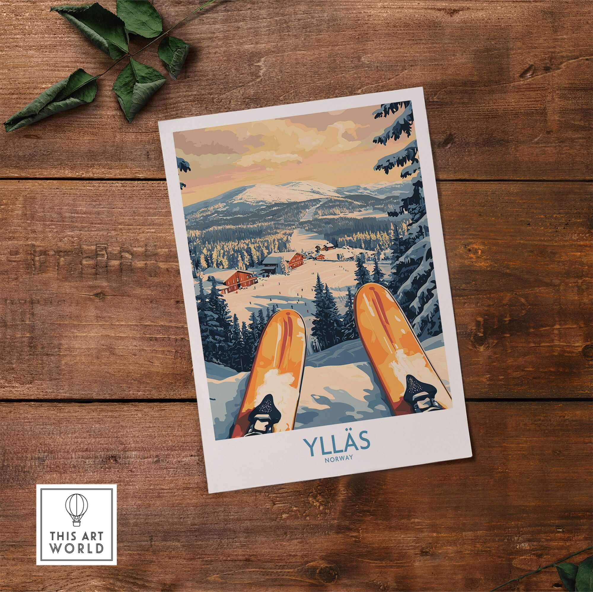 Norway skiing wall art featuring Ylläs snowy cabin with skis in the foreground, ideal for winter decor.