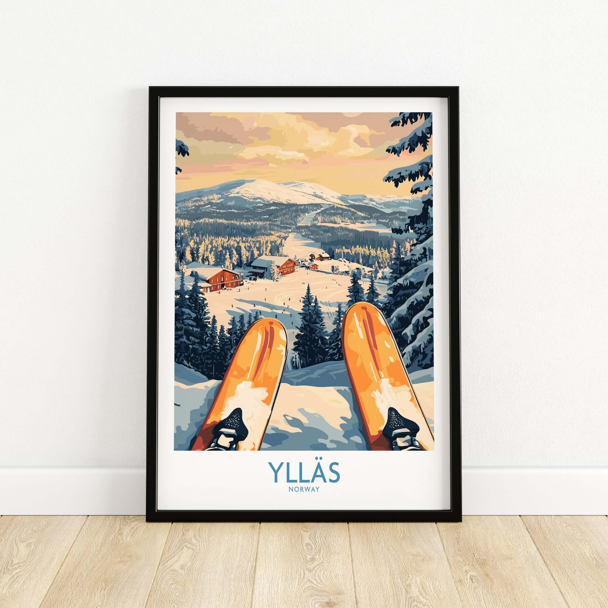 Ylläs snowy cabin print featuring ski equipment and a scenic winter landscape in Norway.