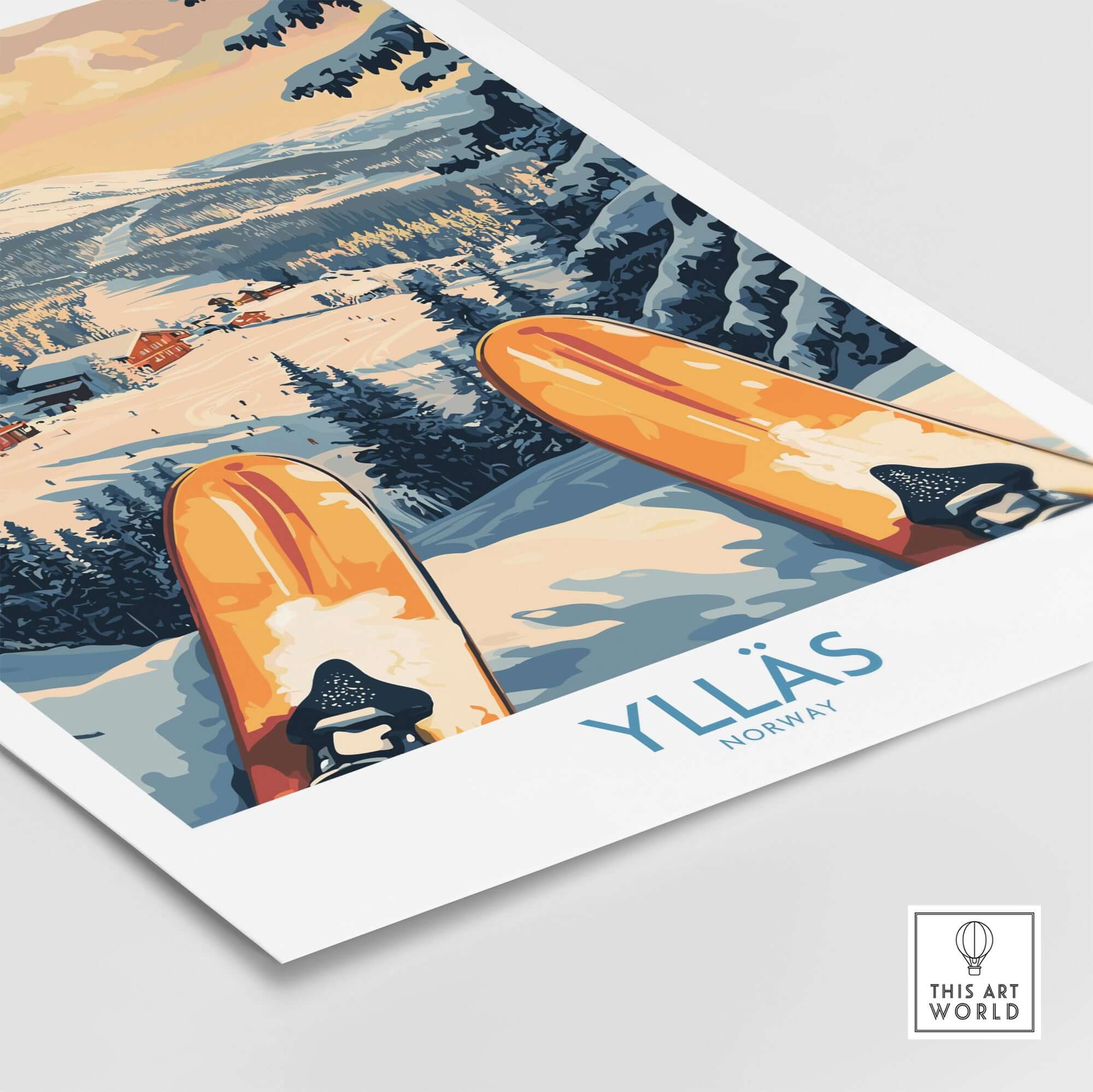 Ylläs Norway skiing wall art print featuring colorful snowy landscape and ski gear.