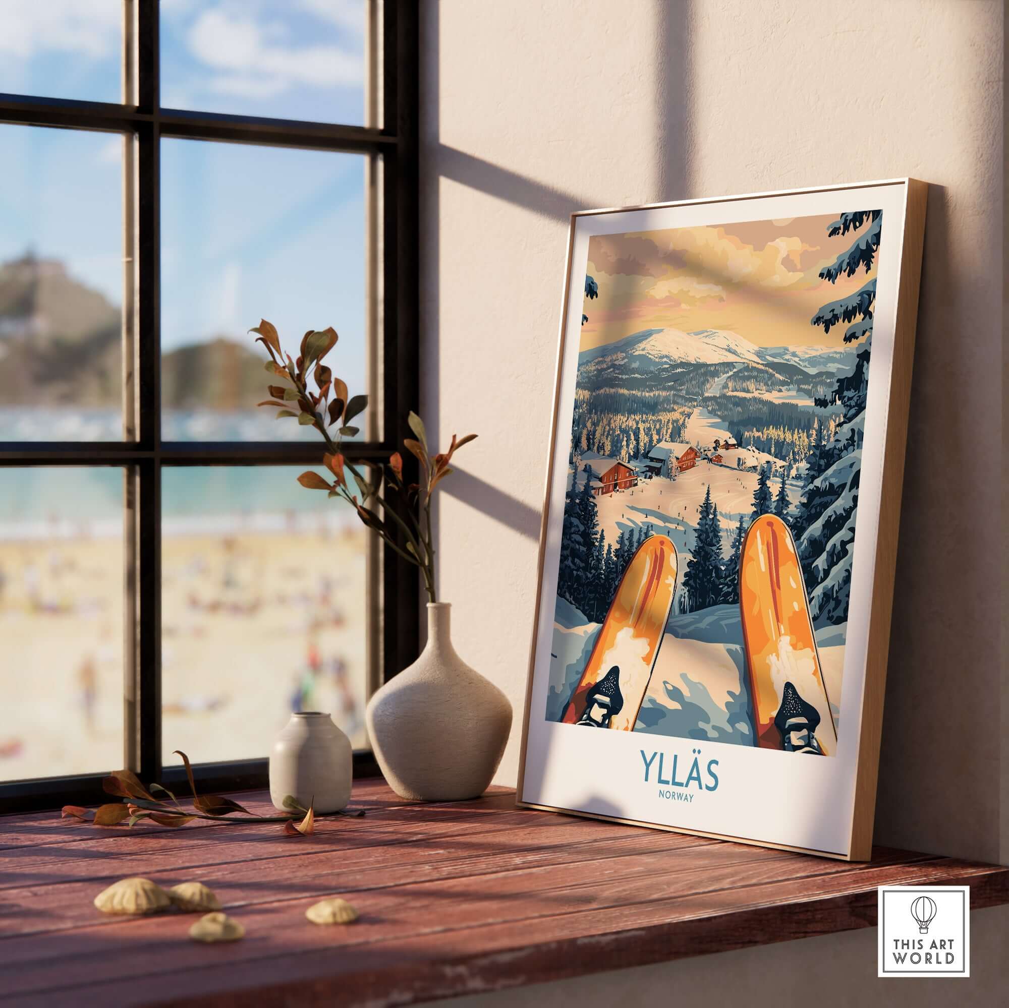 Framed Ylläs Norway skiing wall art print showcasing a snowy landscape and skis, bringing winter charm to any room.